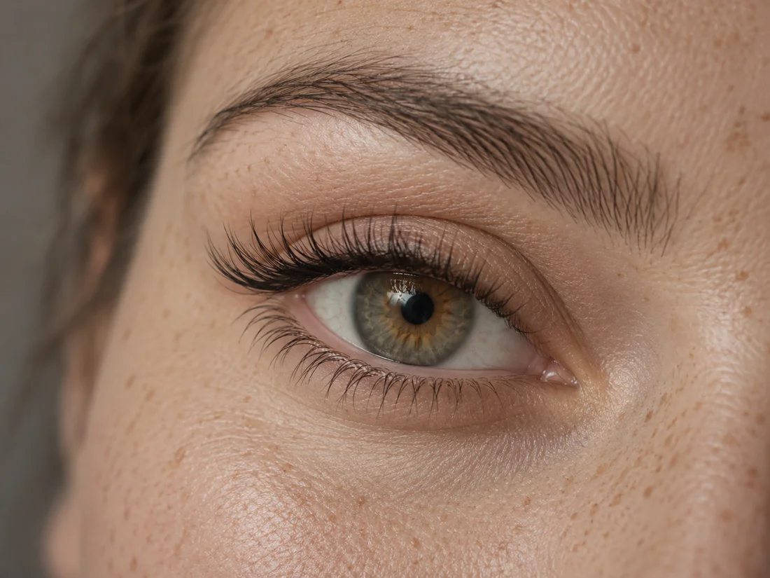 Fictional editorial close-up of delicate classic lashes around a hazel eye