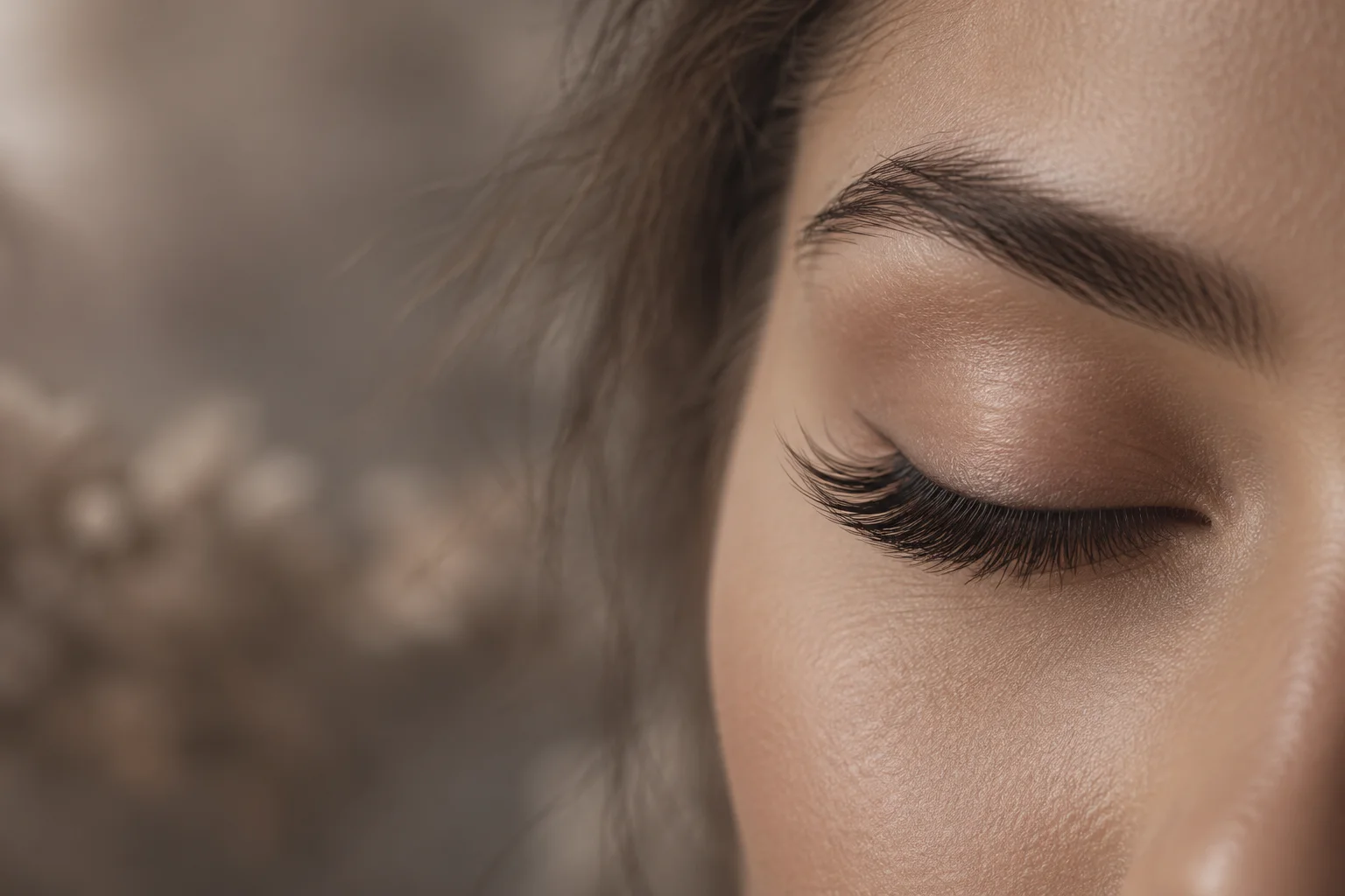 Editorial close-up of a softly closed eye and feathered lash line