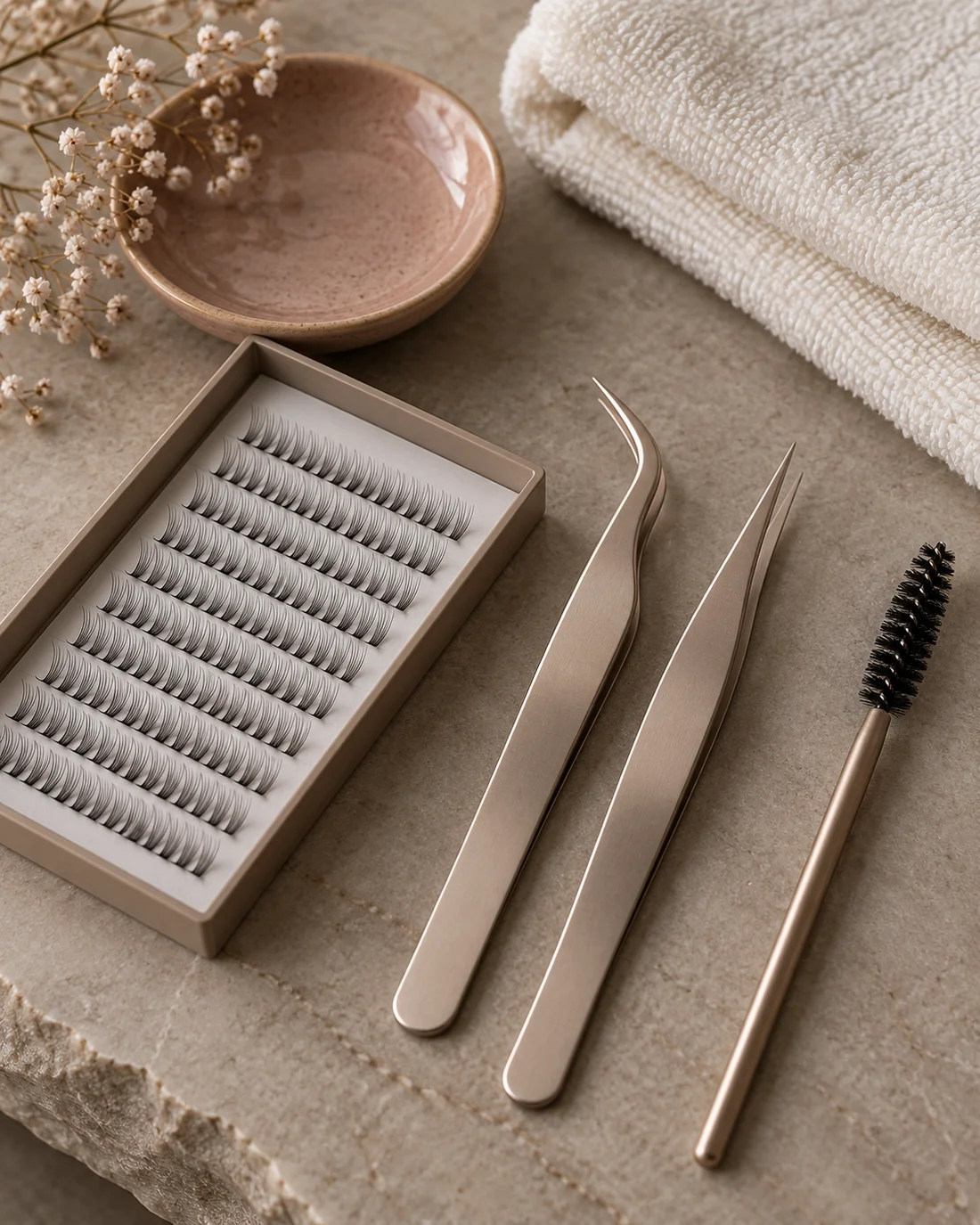 Tweezers, lash tray and spoolie on a stone surface