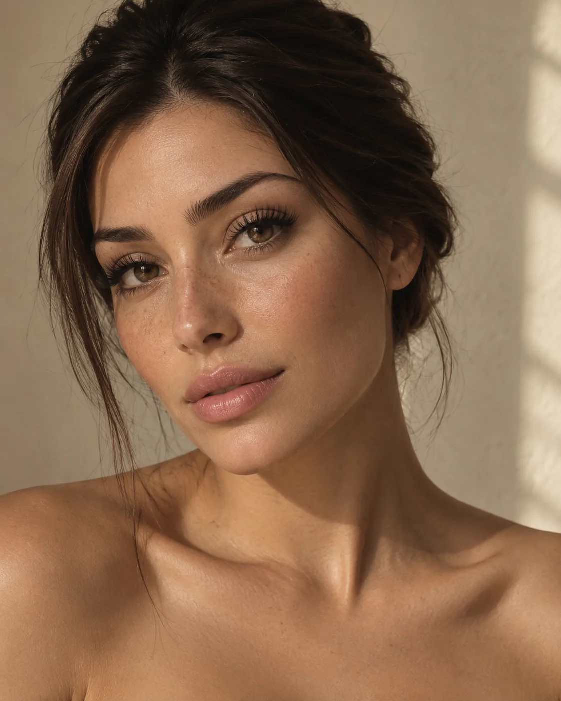 Fictional beauty campaign portrait with softly defined lashes and natural makeup