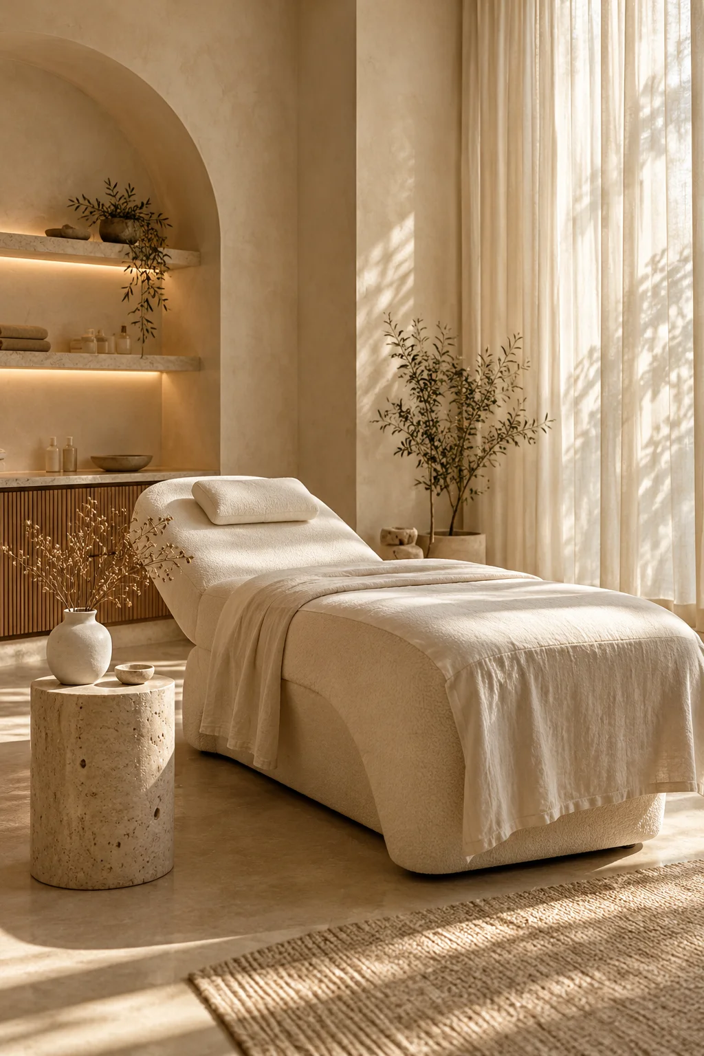 Soft linen and sheer curtains in a private treatment space
